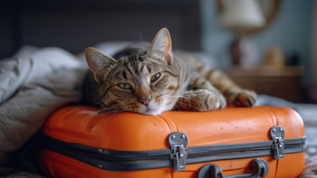 Cat lounging on orange suitcase in hotel room, cozy feline resting on luggage in cozy room on bedの素材