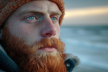 Closeup portrait of a man with red beard and blue eyes gazing into the distanceの素材