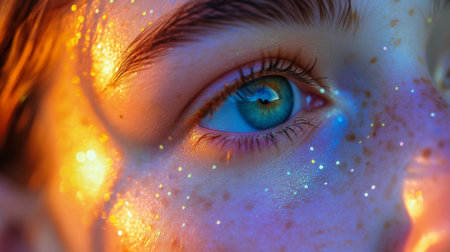 Close up portrait of a woman with freckles on her face, focusing on her eyeの素材