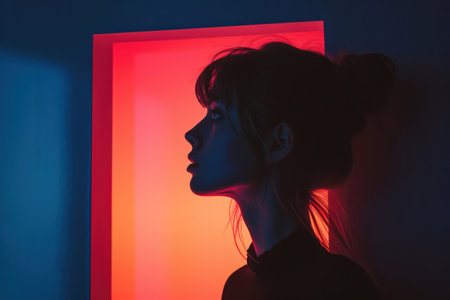 Neon Beauty: A Young Woman with a Sensual Stylish Look, Posing in a Noir Fashion Studio with Bright Blue and Red Lights, Casting Shadows on her Gorgeous Faceの素材