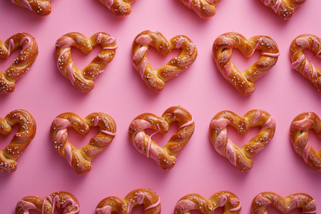 Heartshaped arrangement of pretzels on pink background for bakery or Valentines Day conceptの素材
