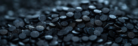 Dark Surface with Pile of Black Beads in Blurry Background, Abstract Texture or Background Conceptの素材
