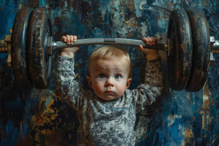 Adorable baby holding barbell in front of grungy wall with blue background in fitness conceptの素材