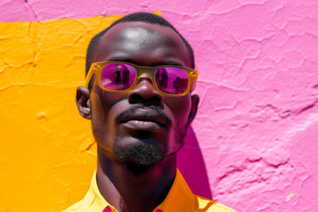 Stylish African Man in Sunglasses and Yellow Shirt Standing Against Vibrant Pink and Yellow Wallの素材