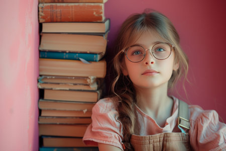 Young girl with glasses leaning against a stack of books in front of a pink wallの素材