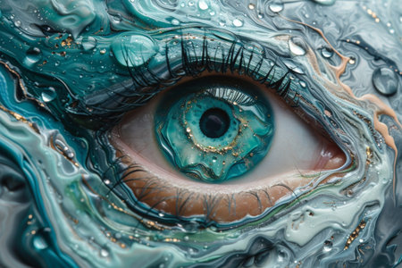 Extreme closeup of human eye with water droplets on surface creating mesmerizing reflectionの素材