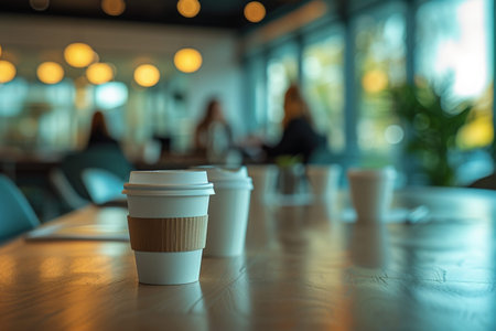 Group of people at a table with two coffee cups in foreground, focused on a discussionの素材