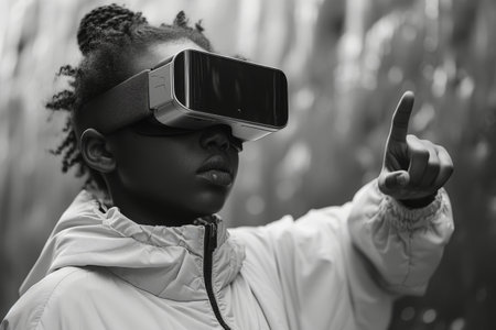 Young girl wearing virtual reality headset pointing at something in black and white photographの素材