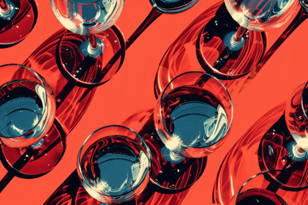 Group of Empty Wine Glasses on Vibrant Red Background with Blue Sky, Ready for Celebration and Toasts under the Starsの素材