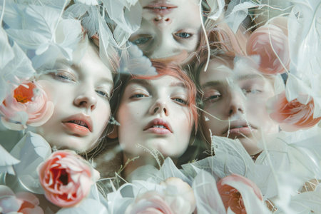 Three young women surrounded by flowers in a watery environment, one looking up, two looking downの素材