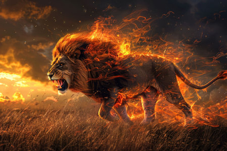 Fiery Llion Roaring in Grassy Field A Majestic Wildlife Moment Captured in Stunning Detailの素材