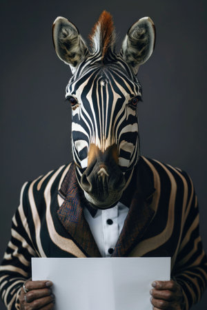 Man in zebra mask holding blank paper in front of face for creative photo shoot conceptの素材