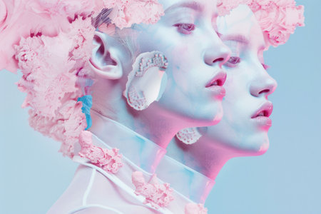 Two women with white and pink makeup and flower crowns on their heads posing in a floral themed photo shootの素材
