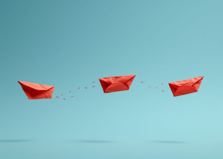 Festive red envelopes soaring in the air against a radiant blue backdrop, symbolizing luck and prosperity in Asian cultureの素材