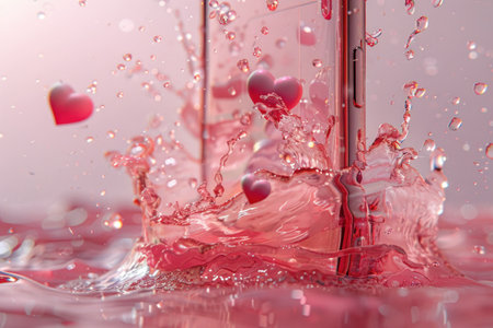 Mobile phone getting splashed with water against a heartshaped background on the screenの素材