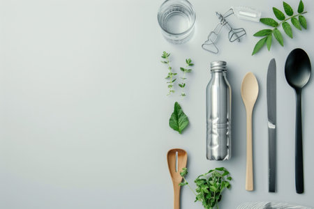 Various kitchen utensils, including a bottle, spoons, and other utensils on a gray backgroundの素材