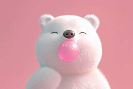 Cute white bear with pink bubble gum in its mouth and hand, adorable animal chewing sweet treatの素材
