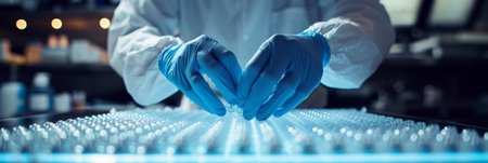 Scientist in lab coat and blue gloves examining vial of test tubes in laboratory settingの素材