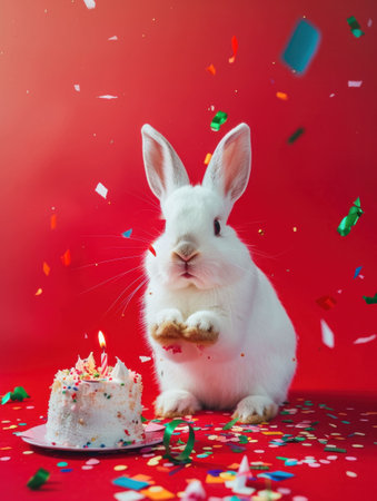 Festive white rabbit celebrating birthday with cake and confetti on bright red background with copy spaceの素材