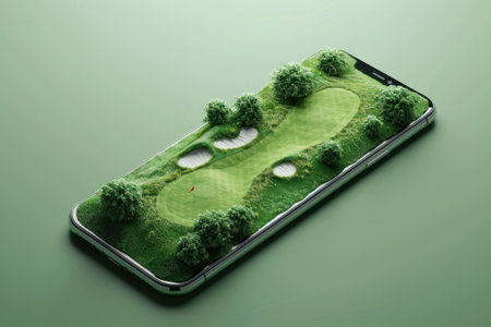 Beautiful 3D ing of a golf course on the iPhone XS Max with a green backgroundの素材