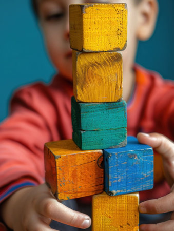 Boy playing with toy wooden blocks, holding stack in front of face, childhood development and creativity conceptの素材