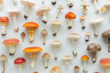Variety of white, orange, and brown mushrooms arranged on a white surface for mushroom enthusiasts and mycology research purposesの素材
