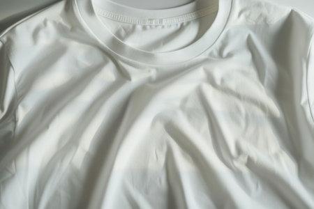 Closeup of a plain white tshirt on white table, simple and minimalistic fashion conceptの素材