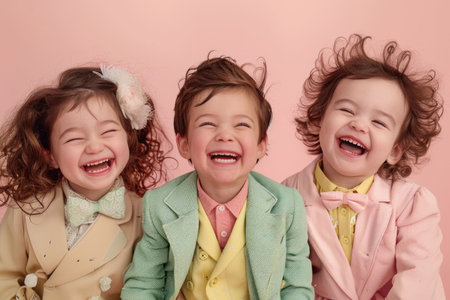 Three Joyful Young Children in Stylish Suits Laughing and Posing Together for the Cameraの素材