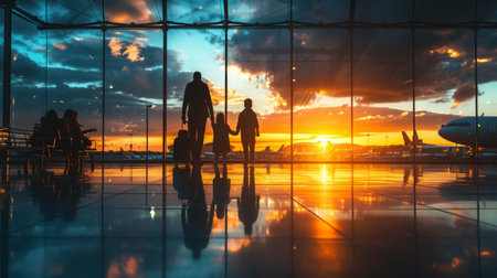 Silhouettes of Travelers Waiting at Airport Terminal During Sunset with Stunning Sky Backgroundの素材