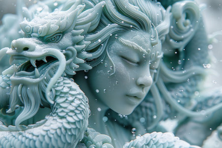 Statue of a serene asian woman with a dragon on her head standing in a snowy landscapeの素材