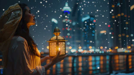 Beautiful arabian woman holding a lantern at night in Dubai cityscape with illuminated skyscrapers, United Arab Emiratesの素材