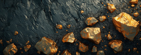 Gold rocks scattered on dark rocky surface background, 3D rendering for design and concept inspirationの素材