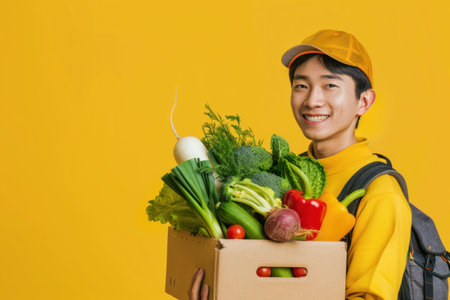 Asian man presenting box of fresh vegetables on yellow background for healthy lifestyle conceptの素材
