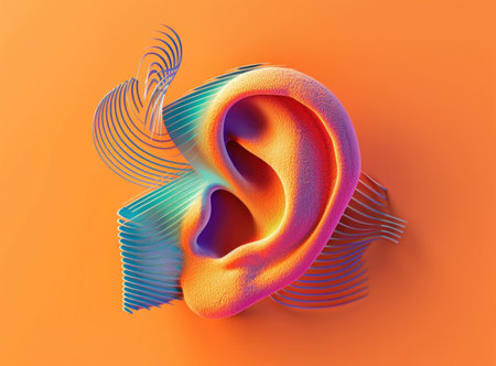 Vibrant 3D ing of a colorful ear with a 3D effect on an orange backgroundの素材
