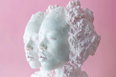 Abstract White Plaster Sculptures of Face and Head on Pink Background in Art Galleryの素材