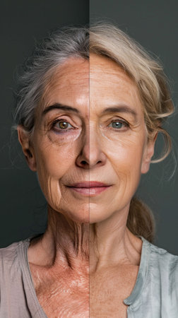 Transformation of elderly womans face before and after a successful facelift surgery procedure, comparison photosの素材