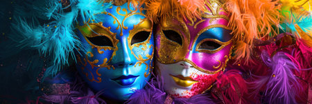 Vibrant Carnival Masks and Feathers on Colorful Background for Festive Celebration or Masquerade Eventの素材