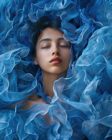 Tranquil woman lying in peaceful repose on a bed of soft blue fabric with eyes closedの素材
