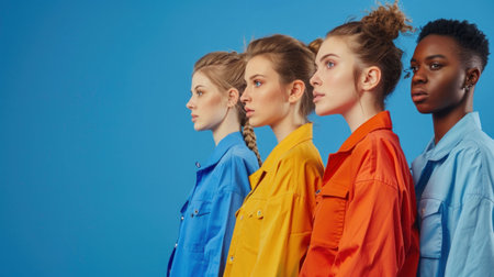 Group of Young Women in Colorful Clothing Standing in a Row Against Blue Background, Fashionable Female Friends Portrait in Vibrant Outfits Outdoorsの素材
