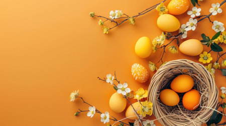Colorful Easter eggs in a nest on vibrant orange background, flat lay with yellow and orange eggs, festive spring decoration conceptの素材