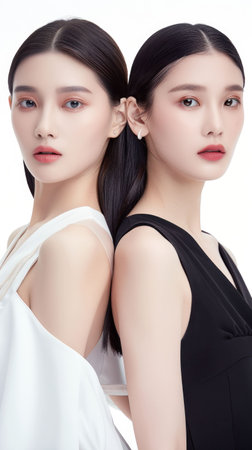 Two stylish Asian women in contrasting black and white outfits posing for a photo togetherの素材