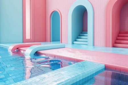Pink and Blue Swimming Pool with Stairs in Front of Matching Pink and Blue Building in Tropical Settingの素材