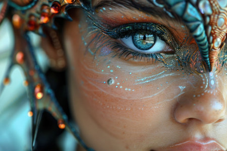 Closeup portrait of a woman with vibrant blue and orange makeup on her face, artistic beauty conceptの素材
