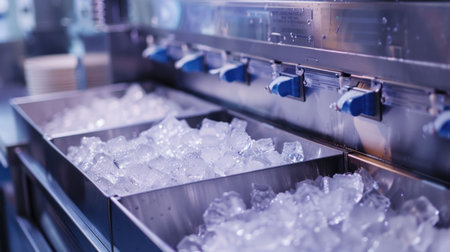 Ice cubes being placed into freezer ice cream parlor machine in the freezer sectionの素材