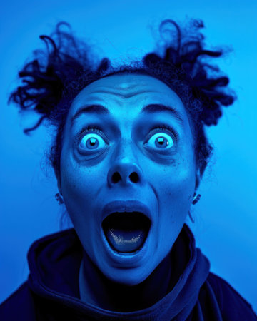 Portrait of a woman with mouth open on dark blue background in dramatic lighting, expressive facial expressionの素材