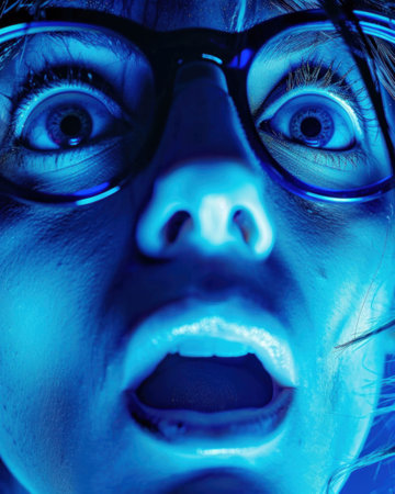 Shocked woman with wide open eyes and mouth wearing glasses in close up portrait shotの素材