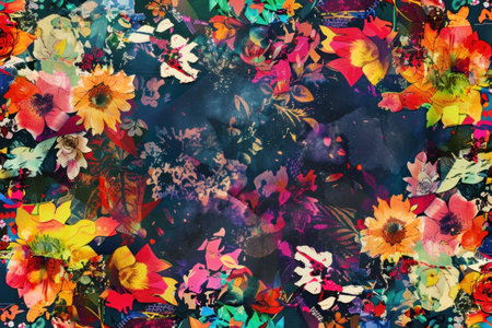 Vibrant floral pattern on dark background with blue sky, beautiful and colorful design for digital useの素材