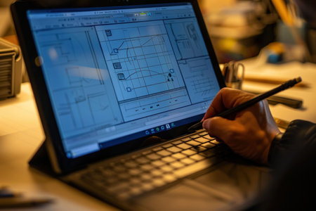 A person working at a desk with a pen and a laptop on a table in front of themの素材
