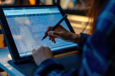 Person using tablet to draw on paper with pen, digital technology and traditional art conceptの素材