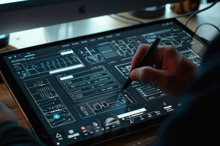 Artist creating digital artwork on tablet computer using stylus pen and drawing app on touchscreen deviceの素材